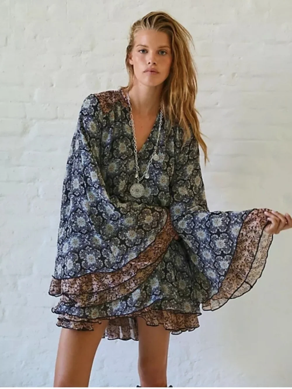 NWT Free People Gabi Layered Tunic Oversized Bell Sleeve Mini Dress Size XL